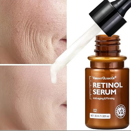 Retinol serum bottle with dropper and before-and-after skin texture comparison, branded as 'Vibrant Glamour'.